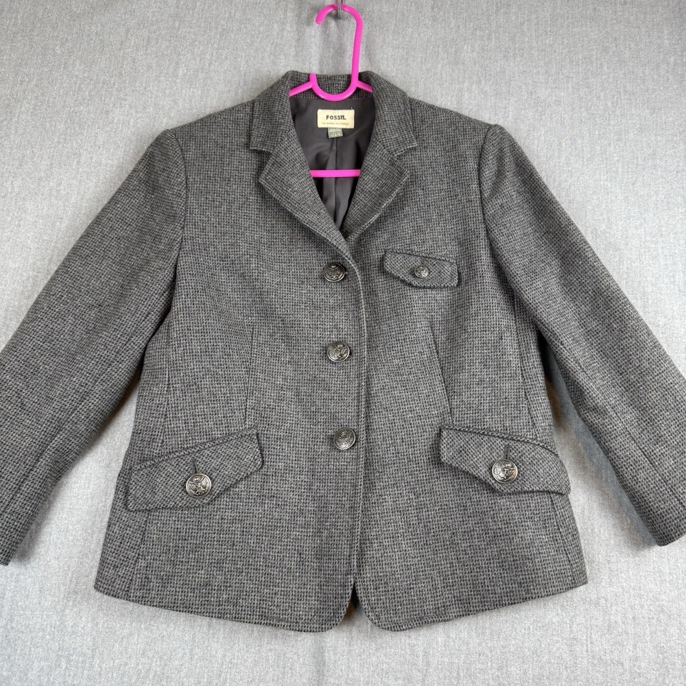 Fossil Blazer Women's Sz 2 Gray‎ Tweed Wool Blend Eagle Button Military Classic